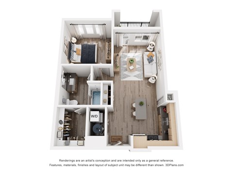 Floor plan for 1 bed, 1 bath, 775 sqft